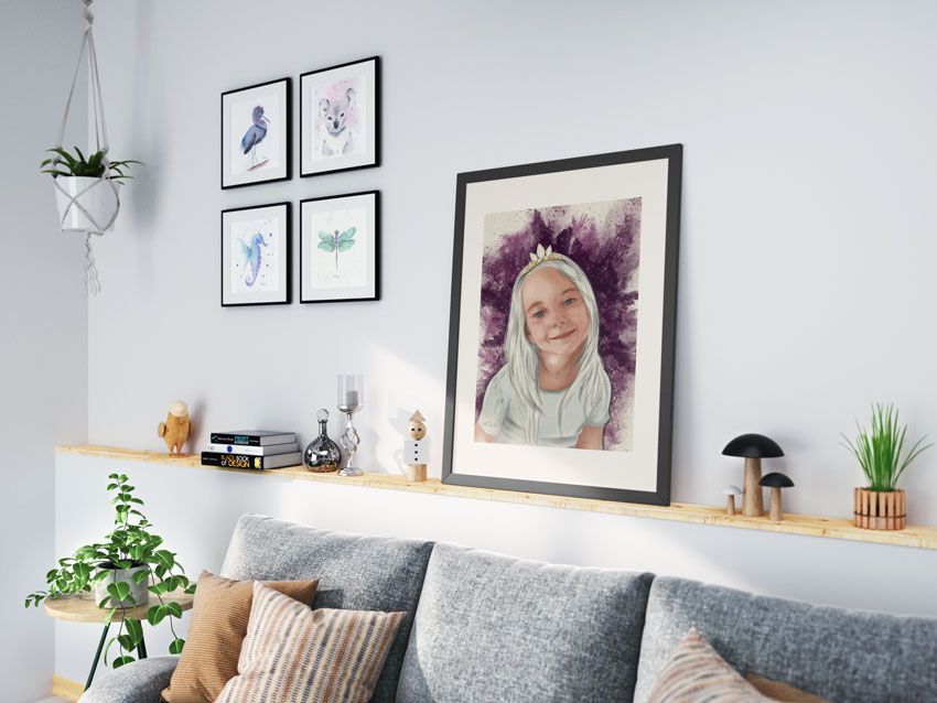 Decoración de interiores con cuadro de ilustración digital retrato personalizado y acuarelas de animales