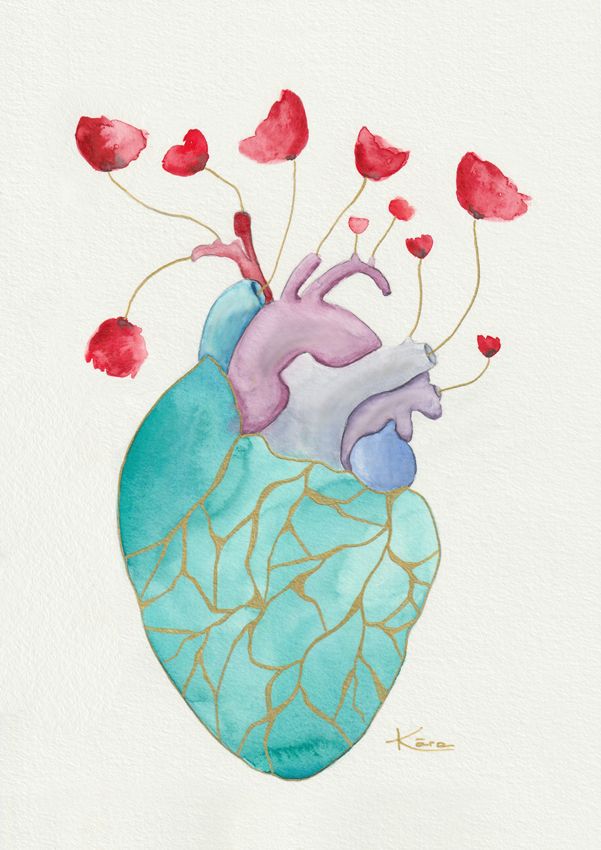Lámina con arte japonés Kintsugi en acuarela de corazón con flores