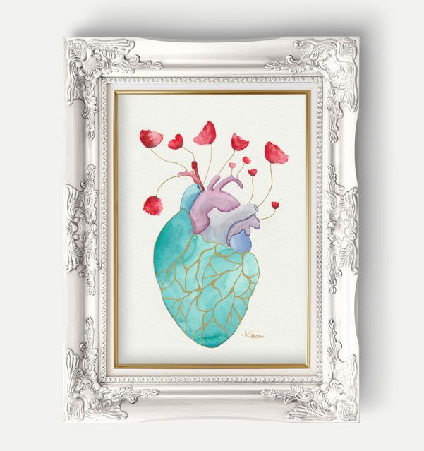 Cuadro con lámina con arte japonés Kintsugi en acuarela de corazón con flores